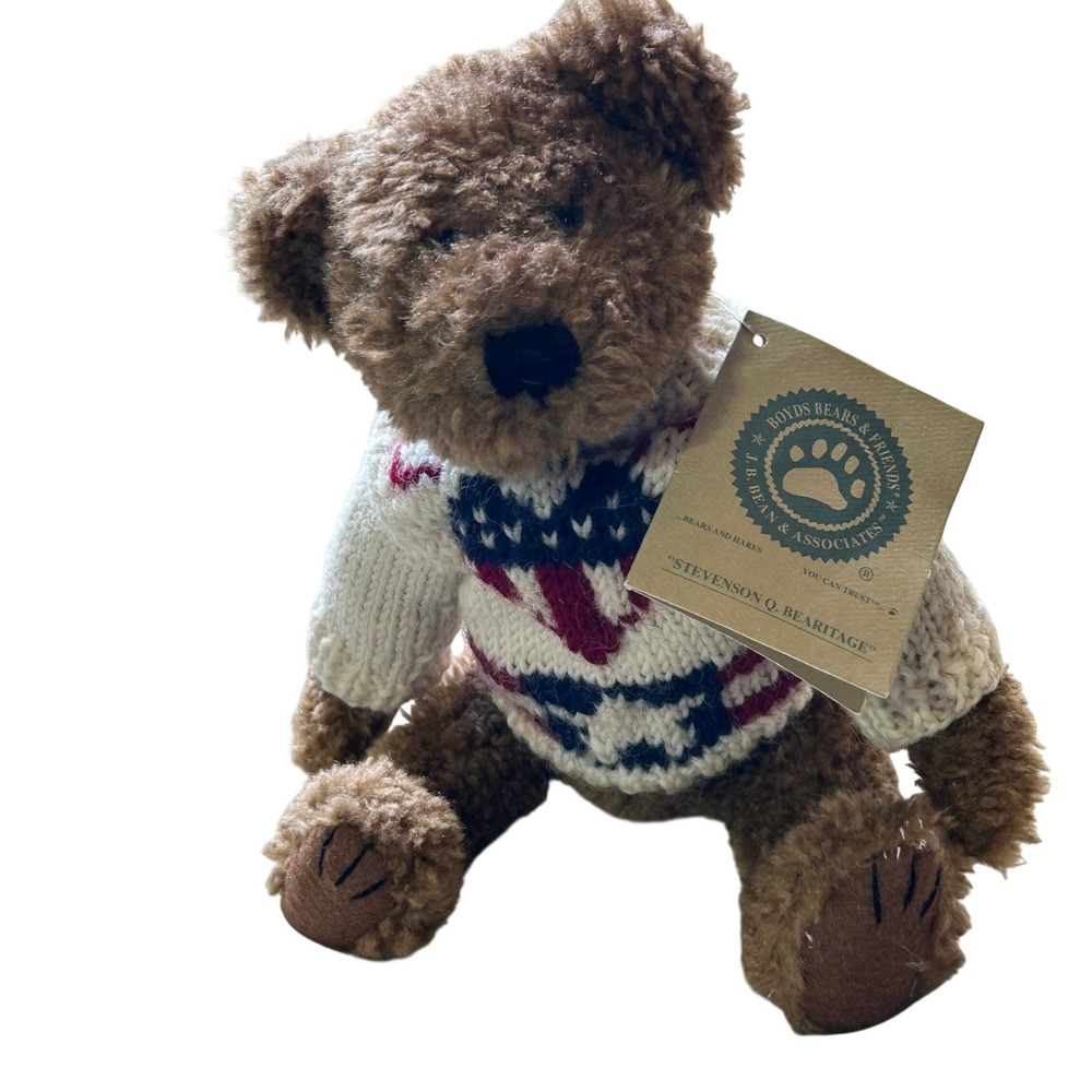 Vintage Boyds Bears Stevenson Q Bearitage Plush Brown American Flag Sweater 12"